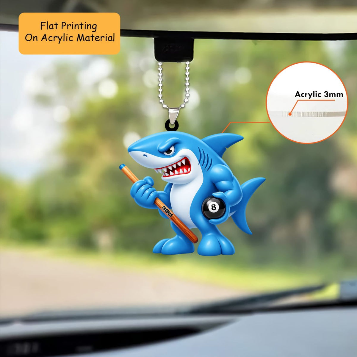 Personalized Pool Shark Christmas Ornament, Muscular Shark Holding Cue And 8 Ball, Custom Ornament Christmas Gift, Keychain Billiards, Car Ornament Billiards