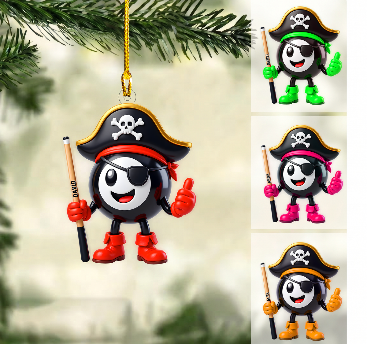 Personalized Billiards Christmas Ornament, Pirate 8 Ball Mascot Holding Cue, Custom Ornament Christmas Gift, Keychain Billiards, Car Ornament Billiards