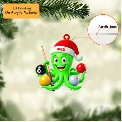 Personalized Billiards Christmas Ornament, Cute Octopus Holding Cue And Balls, Custom Ornament Christmas Gift, Keychain Billiards, Car Ornament Billiards