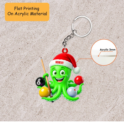 Personalized Billiards Christmas Ornament, Cute Octopus Holding Cue And Balls, Custom Ornament Christmas Gift, Keychain Billiards, Car Ornament Billiards