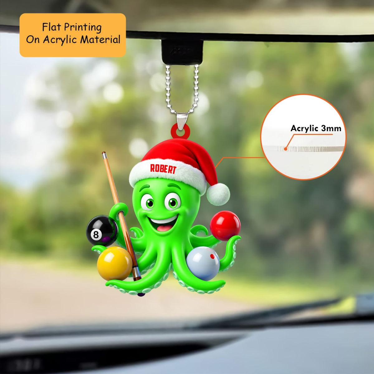 Personalized Billiards Christmas Ornament, Cute Octopus Holding Cue And Balls, Custom Ornament Christmas Gift, Keychain Billiards, Car Ornament Billiards