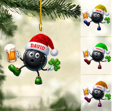 Personalized Lucky Bowler Christmas Ornament, Black Ball With Beer And Clover, Custom Ornament Christmas Gift, Keychain Bowling, Car Ornament Bowling