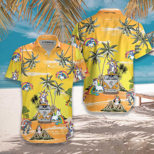 Unicorn Hawaiian Shirt, Yellow Baby Unicorn Palm Tree Hawaiian Shirt, Colorful Summer Aloha Shirts For Men Women, Gift For Husband, Wife, Friend - Amzanimalsgift