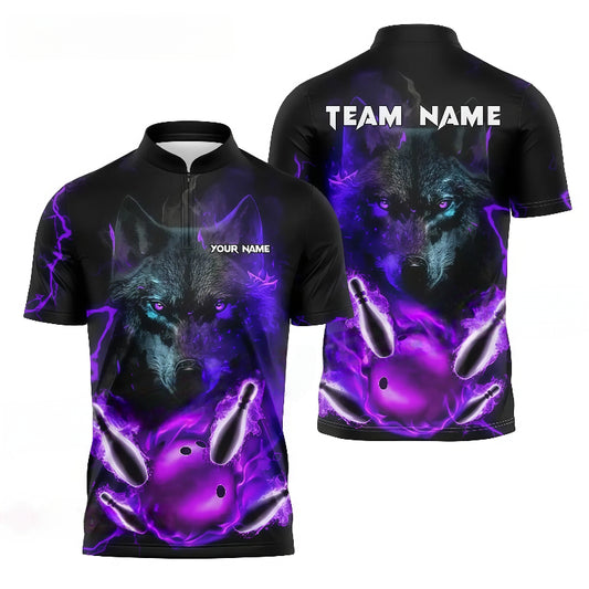 Customized Bowling Jersey, Wolf Graphic Purple Lightning, Uniform Bowling - Personalized Name And Team Name
