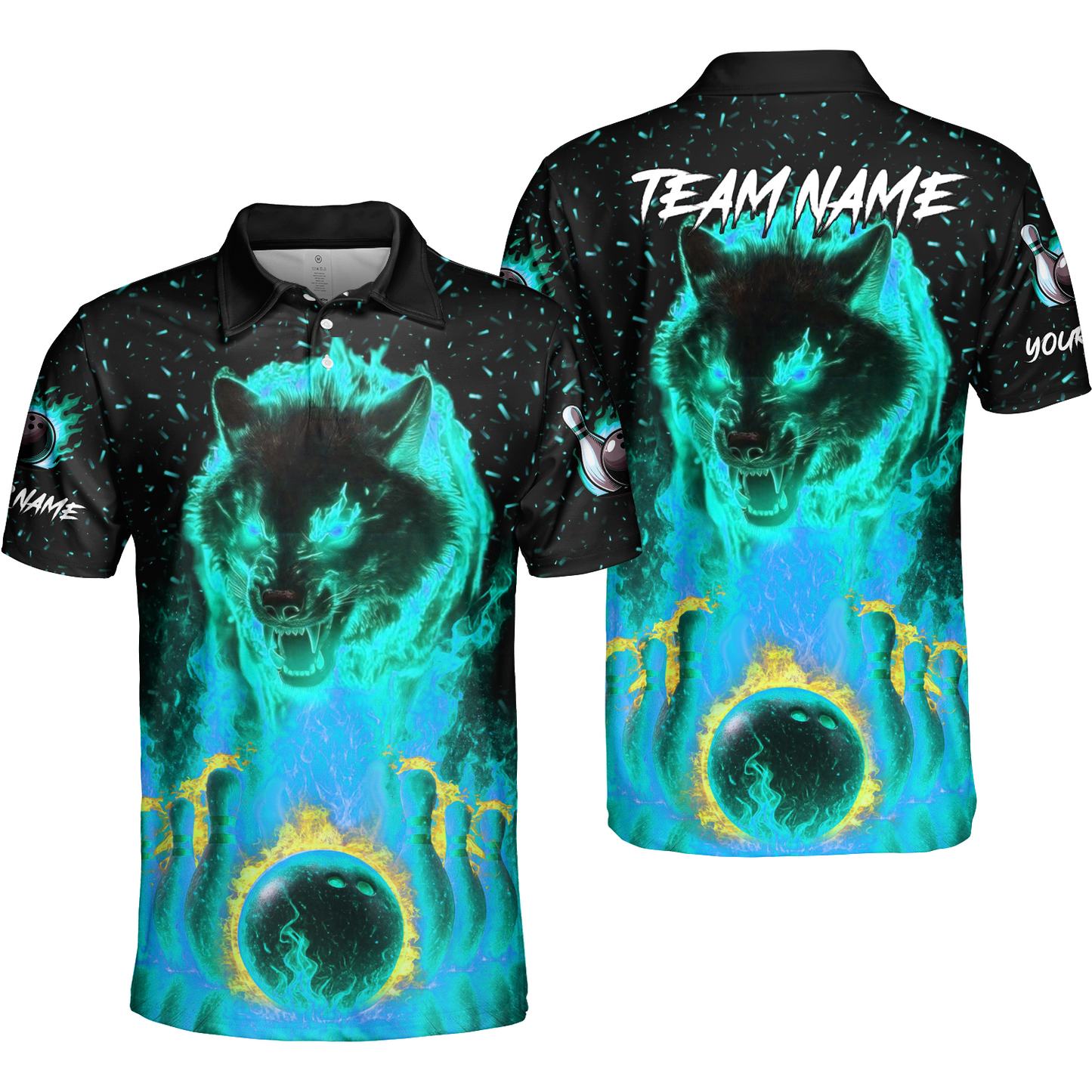 Customized Bowling Jersey, Glowing Wolf with Fiery Bowling Pins , Uniform Bowling - Personalized Name And Team Name
