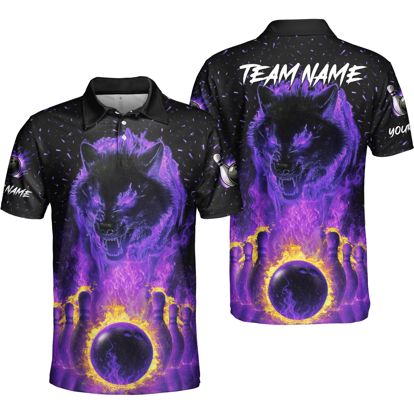 Customized Bowling Jersey, Glowing Wolf with Fiery Bowling Pins , Uniform Bowling - Personalized Name And Team Name