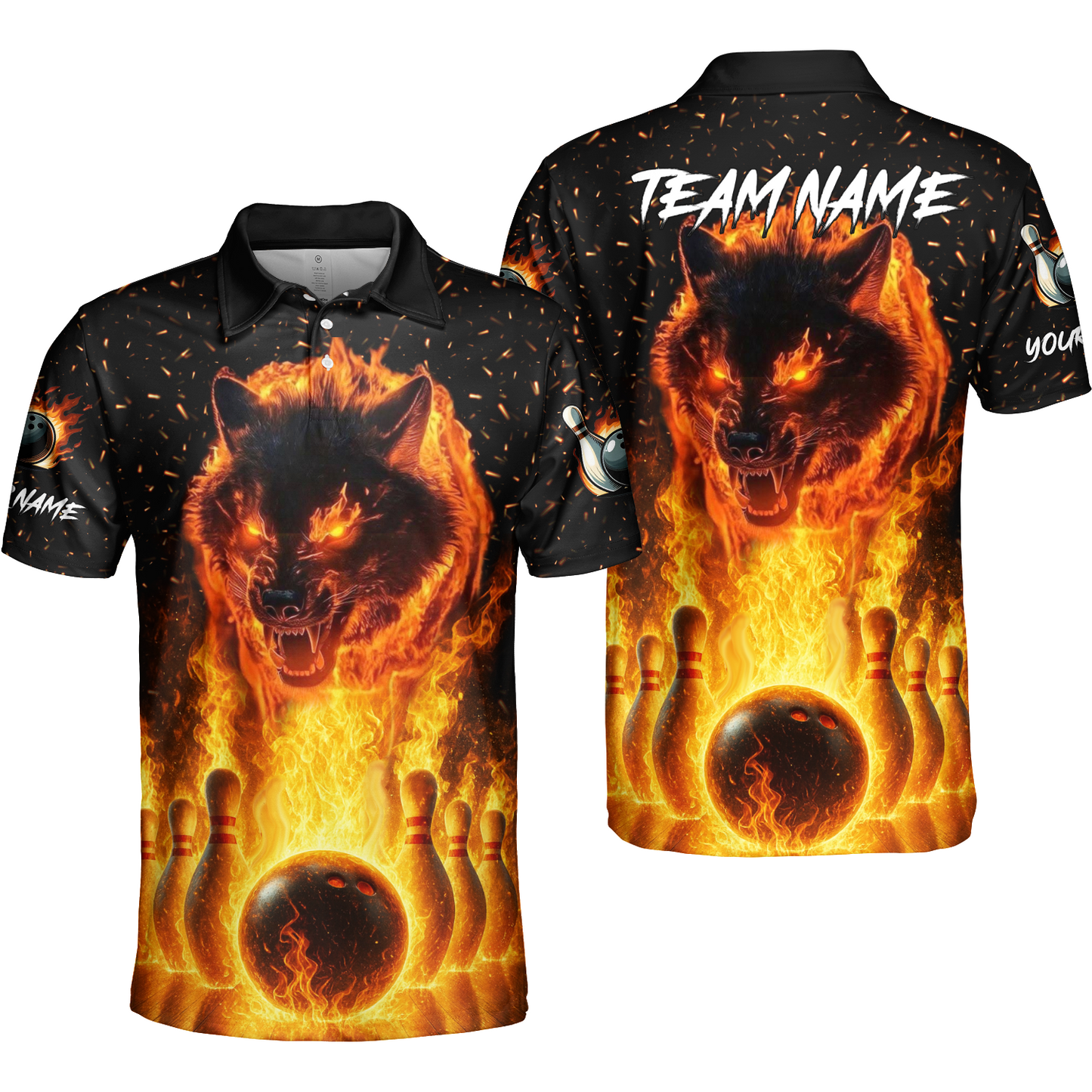 Customized Bowling Jersey, Glowing Wolf with Fiery Bowling Pins , Uniform Bowling - Personalized Name And Team Name