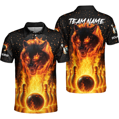 Customized Bowling Jersey, Glowing Wolf with Fiery Bowling Pins , Uniform Bowling - Personalized Name And Team Name