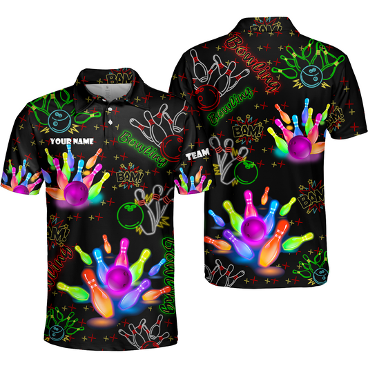 Custom Colorful Neon Bowling Team Jerseys Polo Shirts, Bowling uniforms, Funny Bowling Ball Colorful Neon Bowling Personalized Name And Team Name