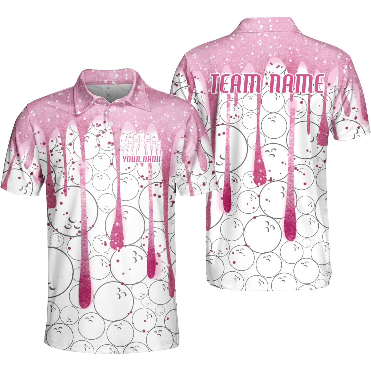 Custom Pink Glitter Bowling Team Women Polo Shirts, Custom Glitter Bowling Team Uniforms Jerseys, Bowling Ball Polo Personalized Name And Team Name