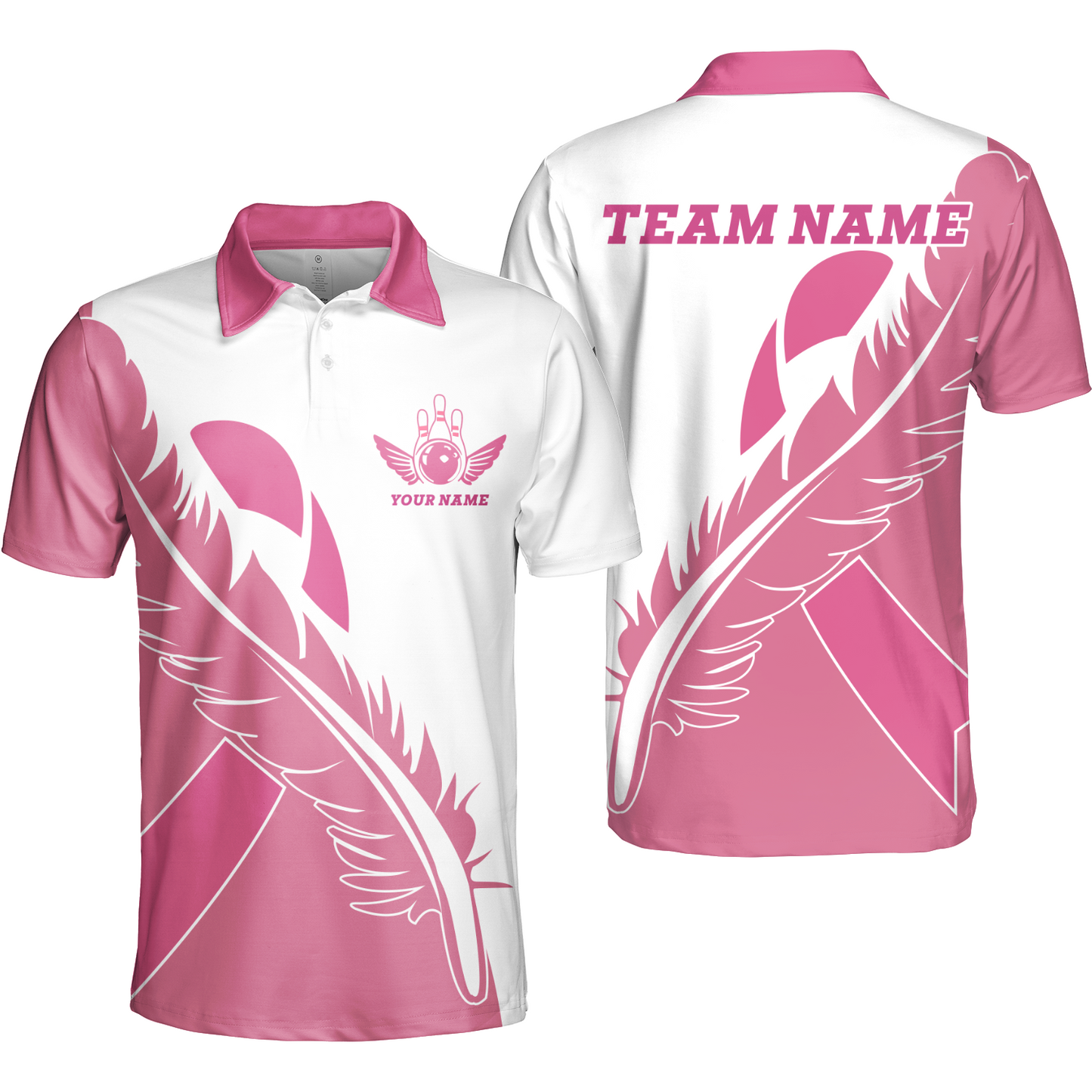 Feather Pink Ribbon Breast Cancer Custom Bowling Team Polo Shirts, Pink Ribbon Bowling Team Uniforms Jerseys, Personalized Name And Team Name