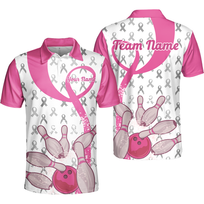 Pink Ribbon Breast Cancer Custom Bowling Team Polo Shirts, Pink Ribbon Bowling Team Uniforms Jerseys Personalized Name And Team Name