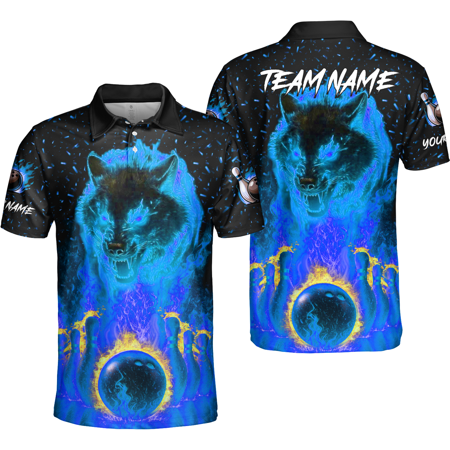 Customized Bowling Jersey, Glowing Wolf with Fiery Bowling Pins , Uniform Bowling - Personalized Name And Team Name