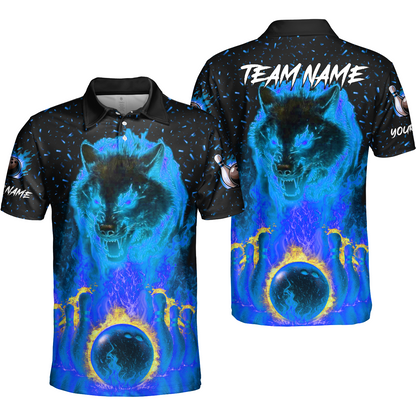 Customized Bowling Jersey, Glowing Wolf with Fiery Bowling Pins , Uniform Bowling - Personalized Name And Team Name