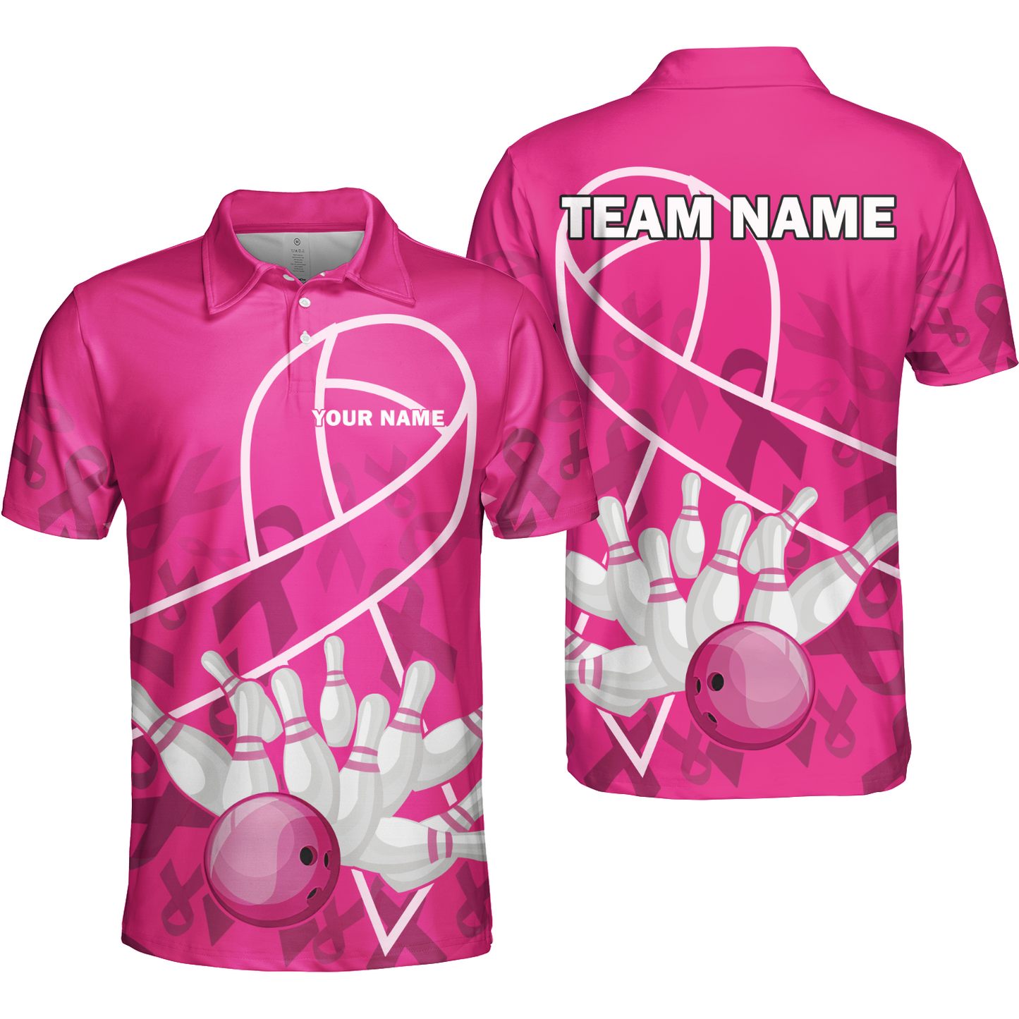 Custom Bowling Team Jerseys Polo Shirts for Breast Cancer Awareness, Bright Pink Bowling uniforms, pink bowling ball striking white pins Bowling Polo