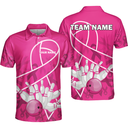 Custom Bowling Team Jerseys Polo Shirts for Breast Cancer Awareness, Bright Pink Bowling uniforms, pink bowling ball striking white pins Bowling Polo