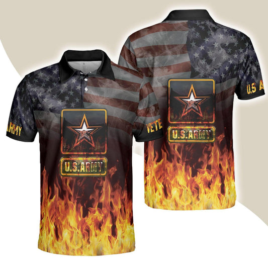 US Army Veteran And Flame Polo Shirt, American Flag Veteran Shirt For Retired Veterans, Flame Veteran Shirt - Perfect Gift For Men - Amzanimalsgift