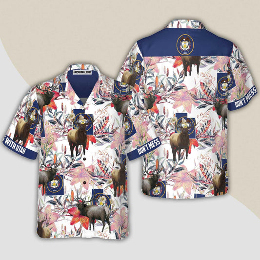Utah Elk And The Sego Lily Hawaiian Shirt, Don't Mess With Utah, Proud Utah, Colorful Summer Aloha Shirt For Men Women, Perfect Gift For Friend Family - Amzanimalsgift