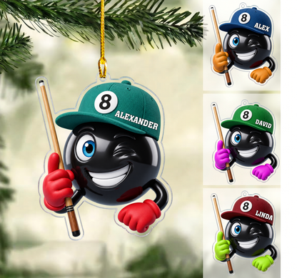 Personalized Billiards Christmas Ornament, Winking 8 Ball Mascot Holding Cue, Custom Ornament Christmas Gift, Keychain Billiards, Car Ornament Billiards