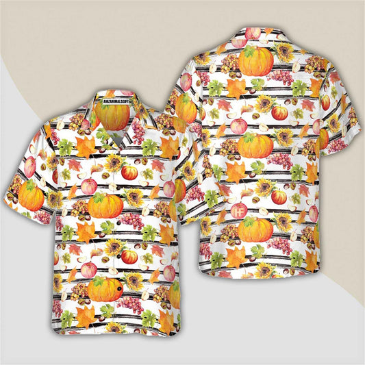 Vegetables Hawaiian Shirt - Watercolor Thanksgiving Vegetables With Black Stripes Hawaiian Shirt, Pumpkin Hawaiian Shirt - Gift For Lover, Friend, Family - Amzanimalsgift