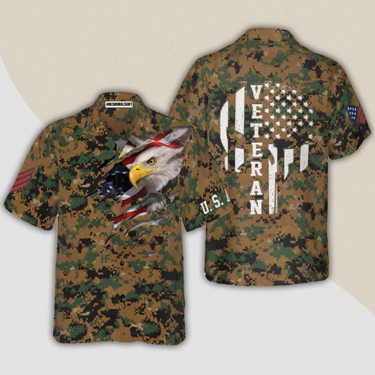 Veteran Hawaiian Shirt, Eagle Veteran Proud US Marine Camouflage Aloha Shirt For Men - Gift For Veteran, Husband, Boyfriend, Family, Friends - Amzanimalsgift