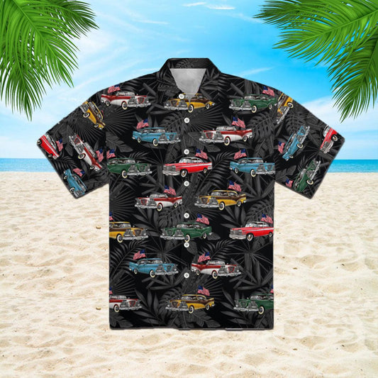 Vintage Car With American Flag Black Aloha Hawaiian Shirts For Men Women, 4th Of July Gift For Summer, Friend, Family, Independence Day, Car Lovers - Amzanimalsgift
