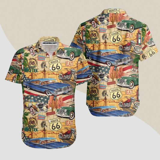 Vintage Cars Route American Flag 66 Aloha Hawaiian Shirts For Men Women, 4th Of July Gift For Summer, Friend, Family, Independence Day - Amzanimalsgift