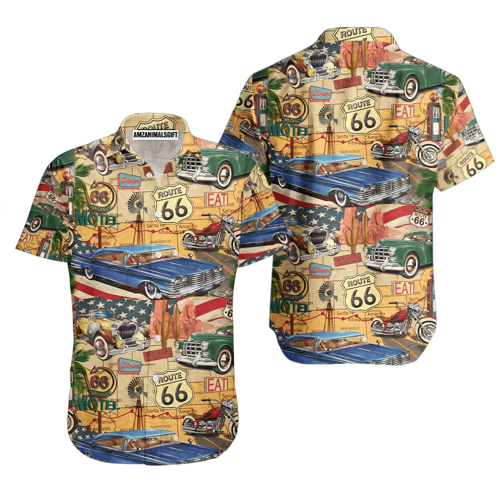 Vintage Cars Route American Flag 66 Aloha Hawaiian Shirts For Men Women, 4th Of July Gift For Summer, Friend, Family, Independence Day - Amzanimalsgift