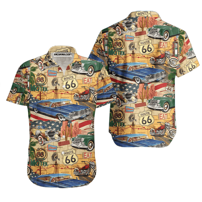 Vintage Cars Route American Flag 66 Aloha Hawaiian Shirts For Men Women, 4th Of July Gift For Summer, Friend, Family, Independence Day - Amzanimalsgift