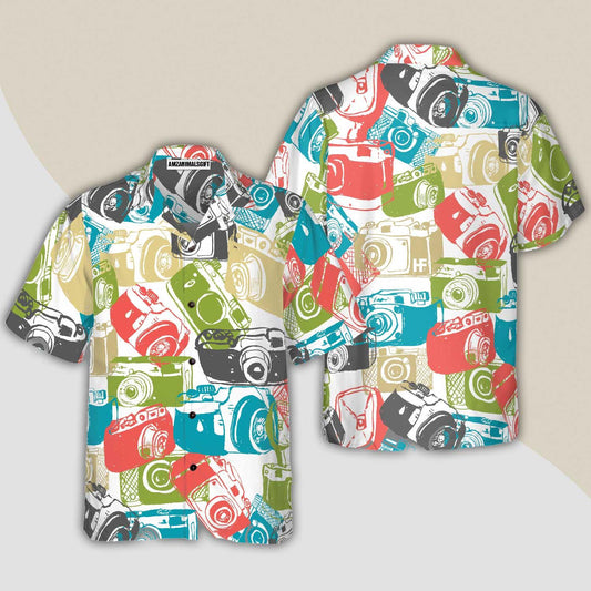 Vintage Hand Drawn Cameras Hawaiian Shirt, Colorful Summer Aloha Shirt For Men Women, Gift For Friend, Family, Husband, Wife, Cameras Lover - Amzanimalsgift