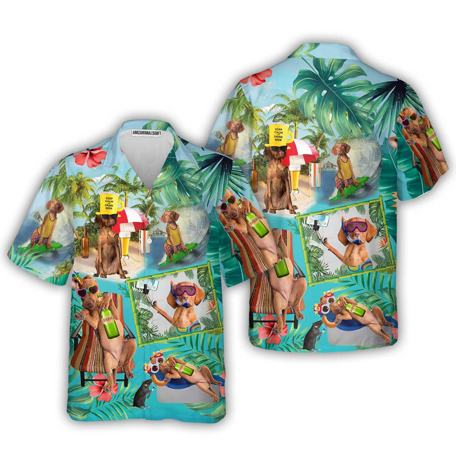 Vizsla Hawaiian Shirt, Vizsla Surfing On Beach Hawaiian Shirt For Men - Perfect Gift For Vizsla Lovers, Husband, Boyfriend, Friend, Family - Amzanimalsgift