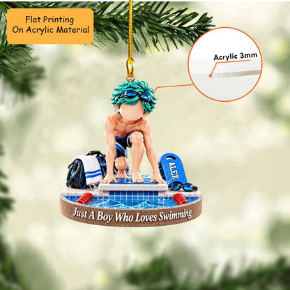 Personalized Swimming Christmas Ornament, Just A Boy Who Loves Swimming Block Setup, Custom Ornament Christmas Gift, Keychain Swimming, Car Ornament Swimming