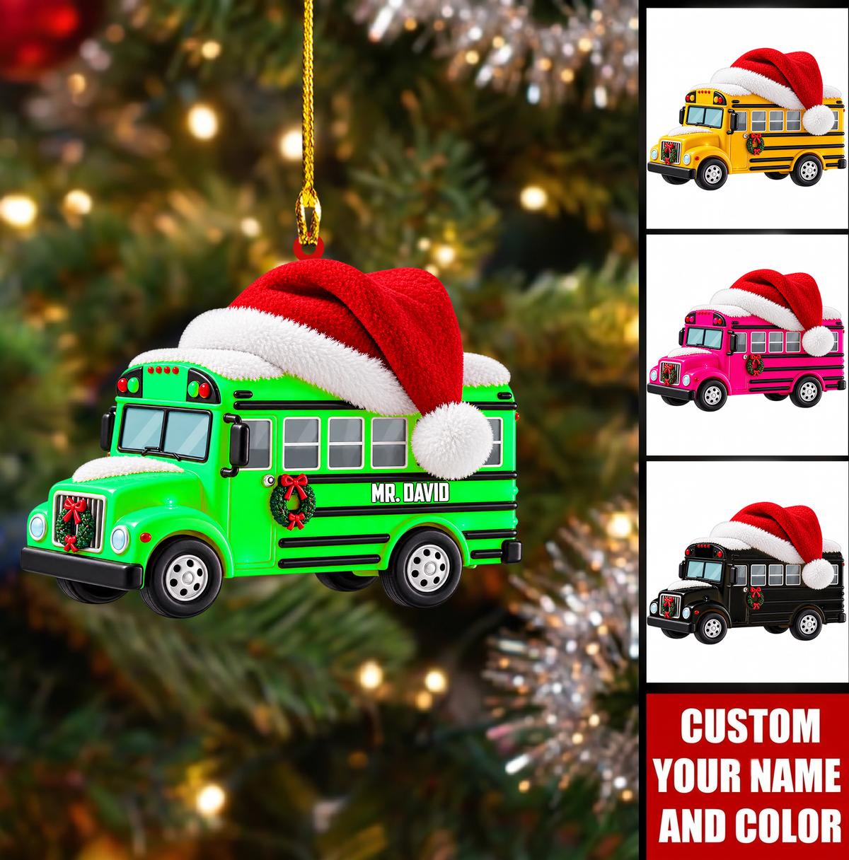 Personalized School Bus Driver Christmas Ornament, Festive Santa Hat Bus With Wreath, Custom Ornament Christmas Gift, Keychain Christmas, Car Bus Ornament 