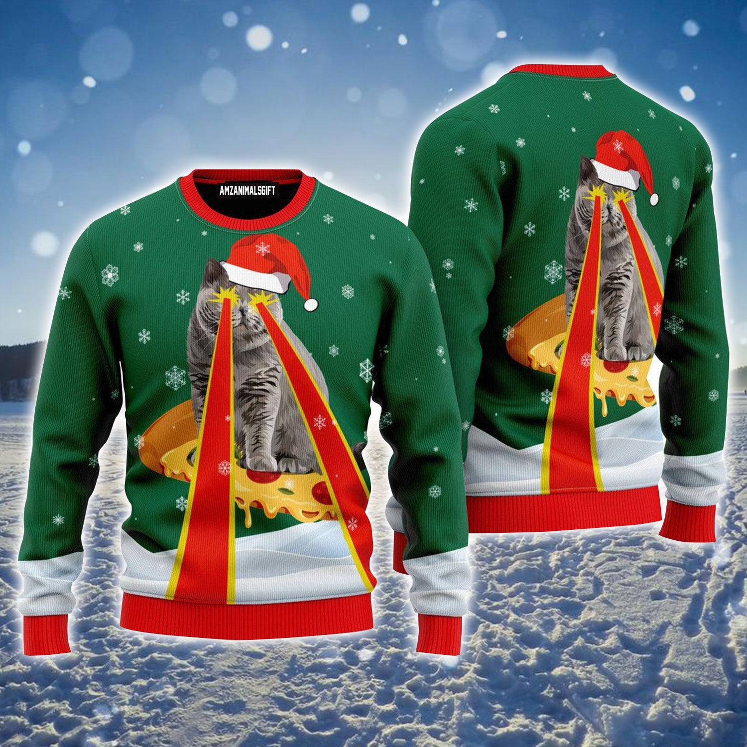Pizza Cat With Laser Eyes Ugly Christmas Sweater For Men & Women, Perfect Outfit For Christmas New Year Autumn Winter