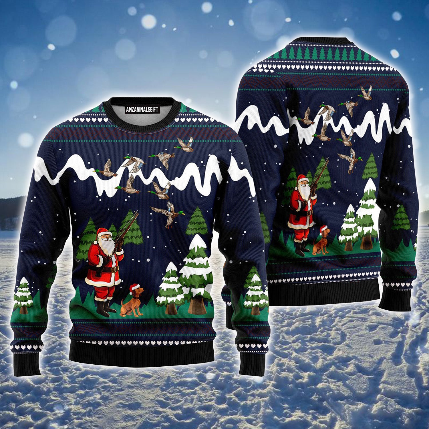 Santa Hunting Duck Navy Blue Ugly Christmas Sweater For Men & Women, Perfect Outfit For Christmas New Year Autumn Winter