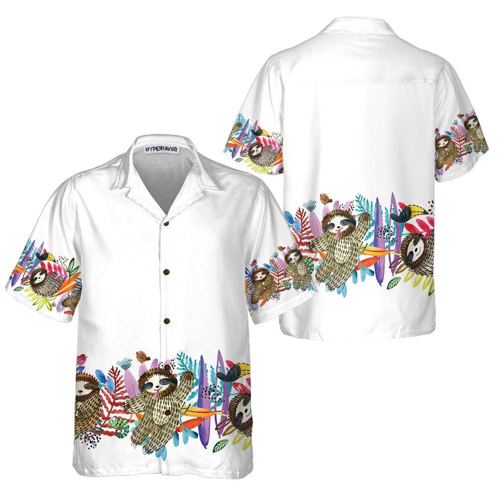 Watercolor Cute Sloth And Tropical Plant Aloha Hawaiian Shirt For Summer, Funny Sloth Themed Hawaiian Shirt For Men Women Adults, Gift For Friend - Amzanimalsgift