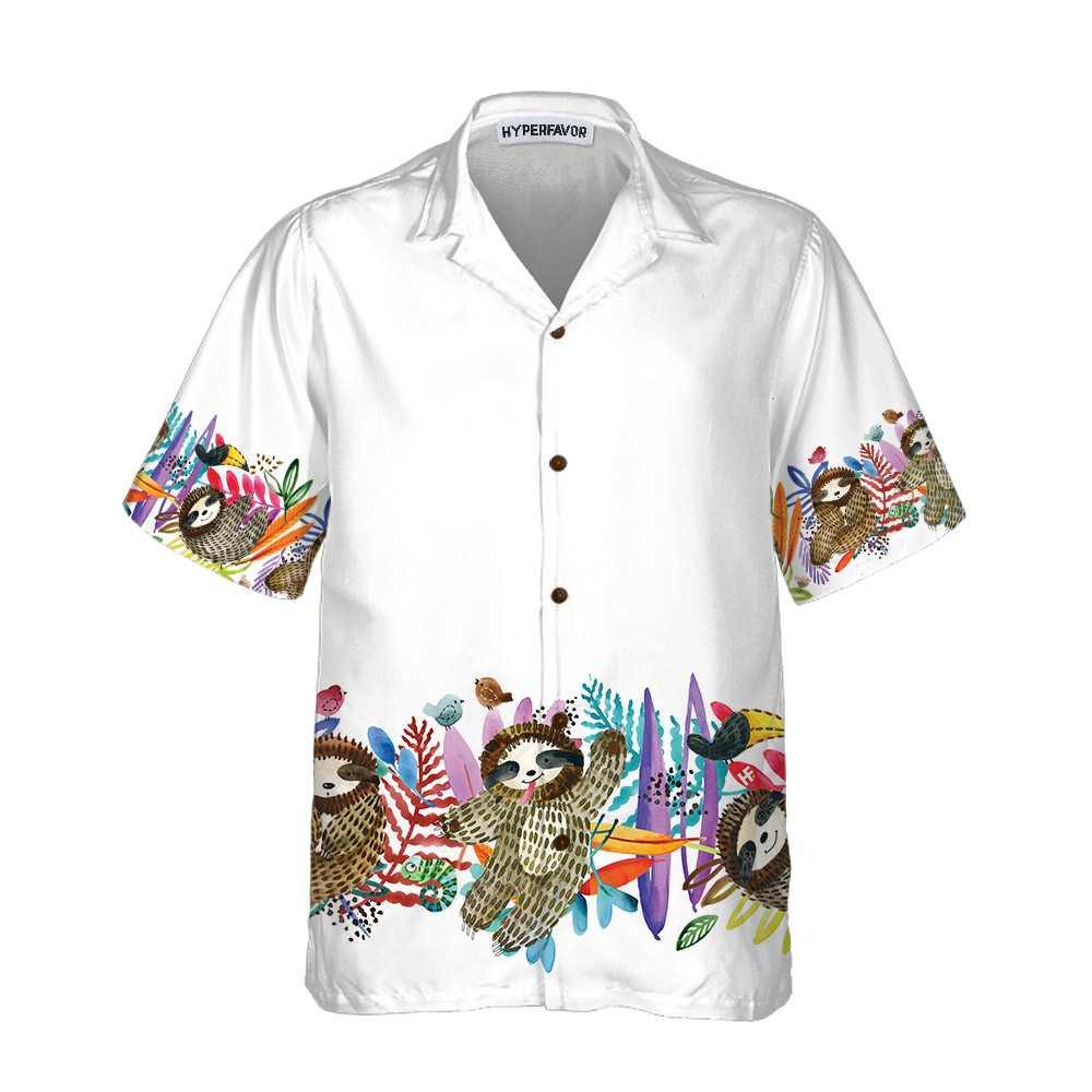 Watercolor Cute Sloth And Tropical Plant Aloha Hawaiian Shirt For Summer, Funny Sloth Themed Hawaiian Shirt For Men Women Adults, Gift For Friend - Amzanimalsgift