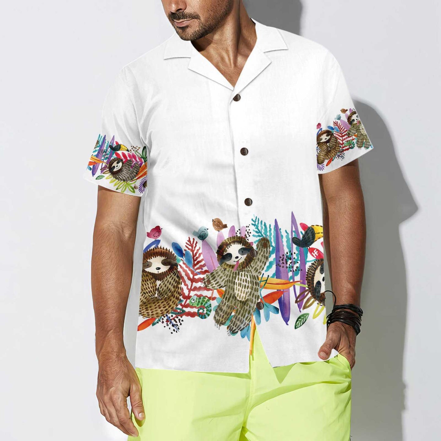 Watercolor Cute Sloth And Tropical Plant Aloha Hawaiian Shirt For Summer, Funny Sloth Themed Hawaiian Shirt For Men Women Adults, Gift For Friend - Amzanimalsgift