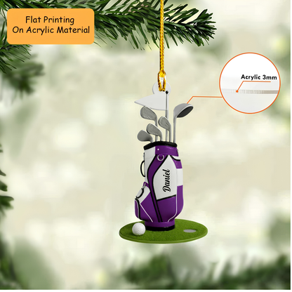 Personalized Golf Christmas Ornament, Purple Golf Bag And Clubs, Custom Ornament Christmas Gift, Keychain Golf, Car Ornament Golf