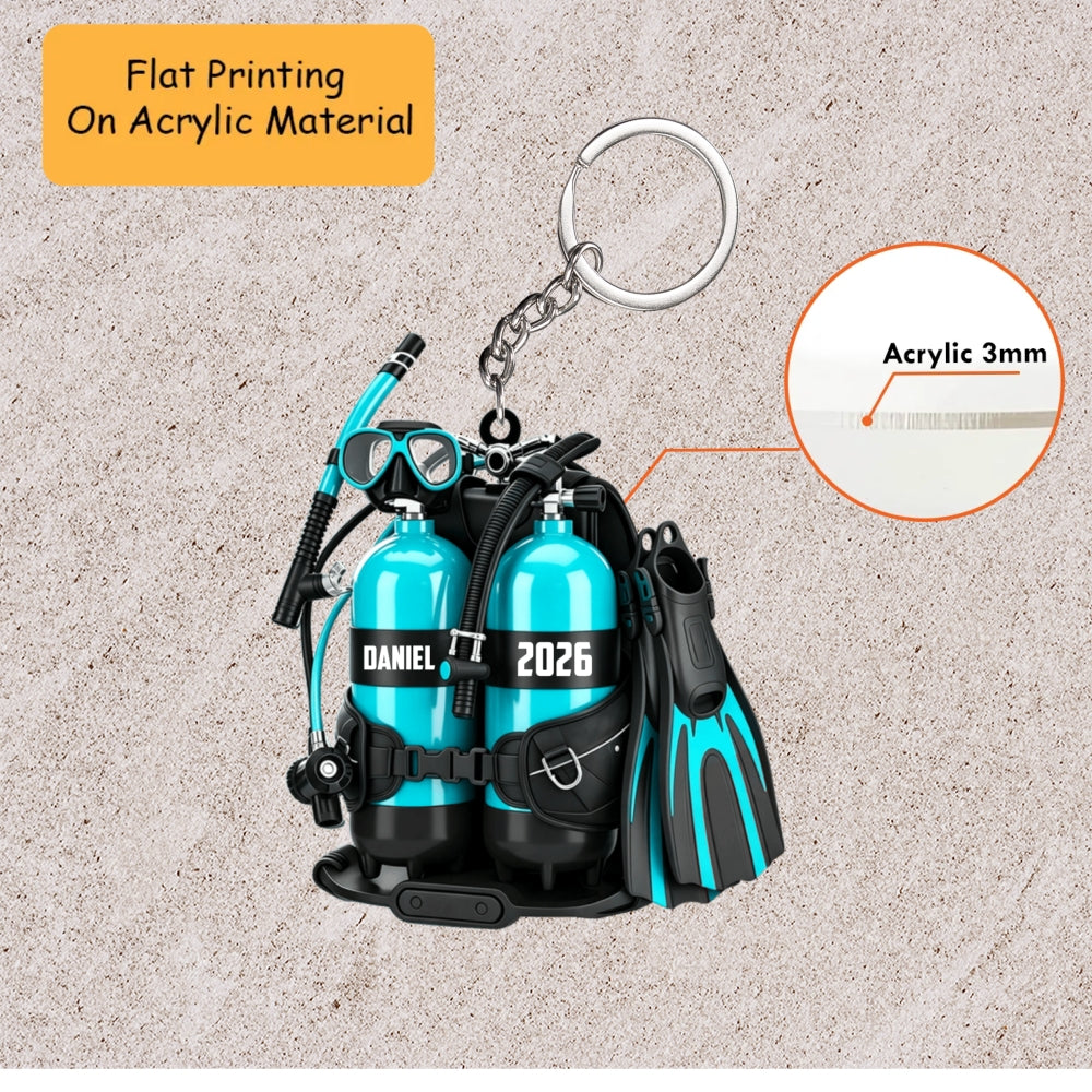 Personalized Ocean Adventure Christmas Ornament, Diving Gear Custom Name And Year, Custom Ornament Christmas Gift, Keychain Diving, Car Ornament Diving