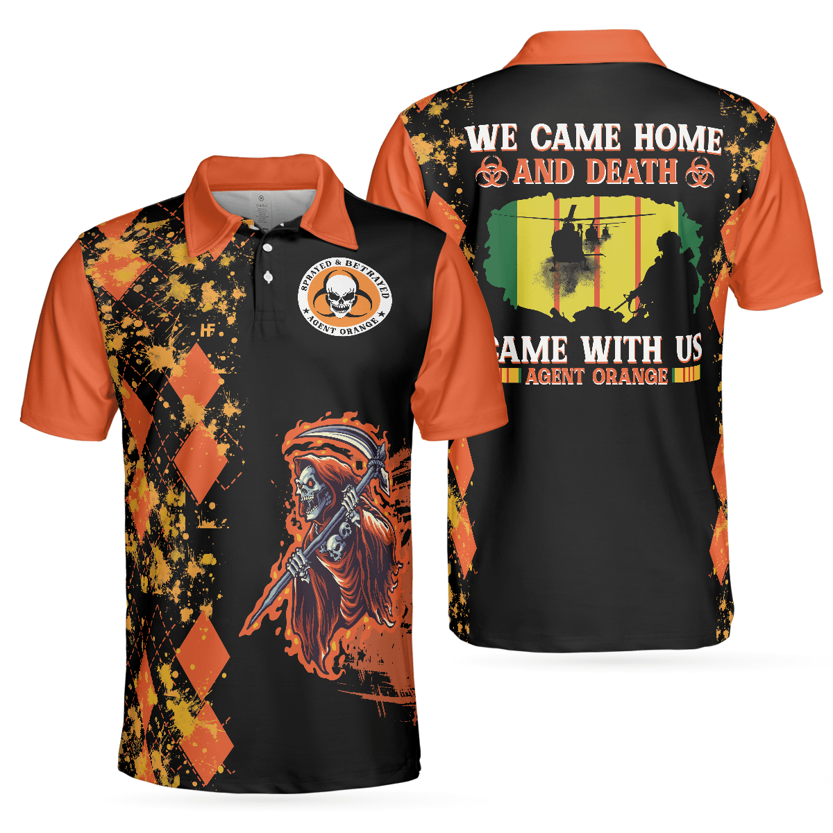 We Came Home And Death Came With Us Agent Orange Polo Shirt, Orange Argyle Pattern Shirt For Veterans - Perfect Gift For Men, Veterans - Amzanimalsgift