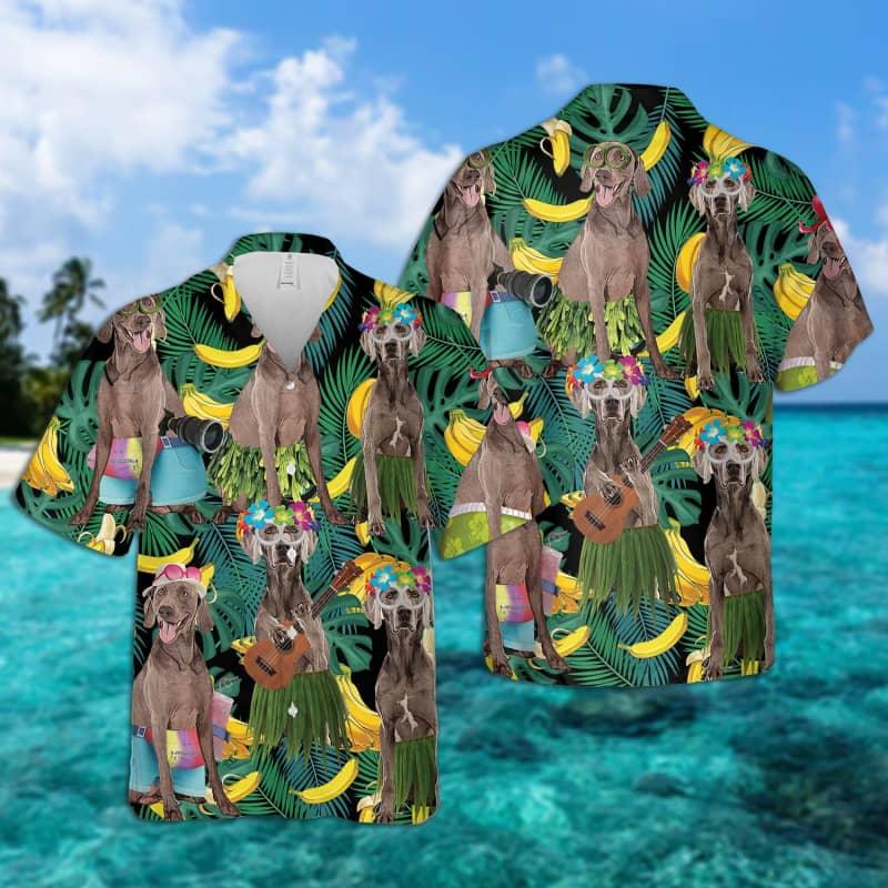Weimaraner Hawaiian Shirt, Weimaraner Tropical Leaves Hawaiian Shirt For Men - Perfect Gift For Weimaraner Lovers, Husband, Boyfriend, Friend, Family - Amzanimalsgift
