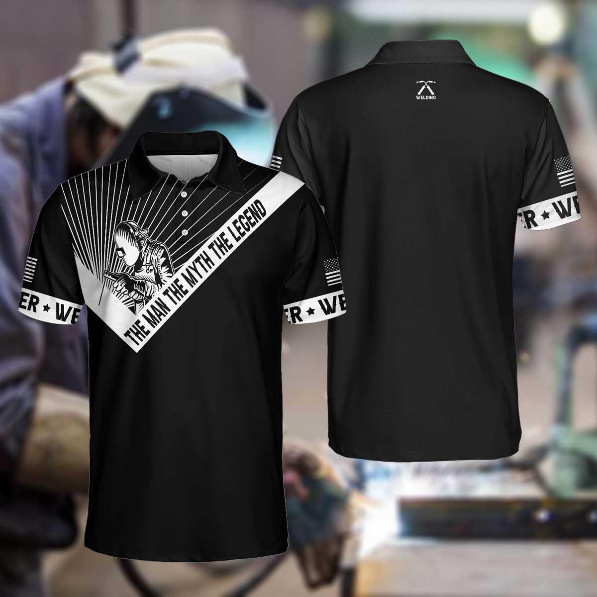 Welder Men Polo Shirt, The Man The Myth The Legend Polo Shirt, Black And White American Flag Welder Shirt - Perfect Gift For Men, Welders - Amzanimalsgift