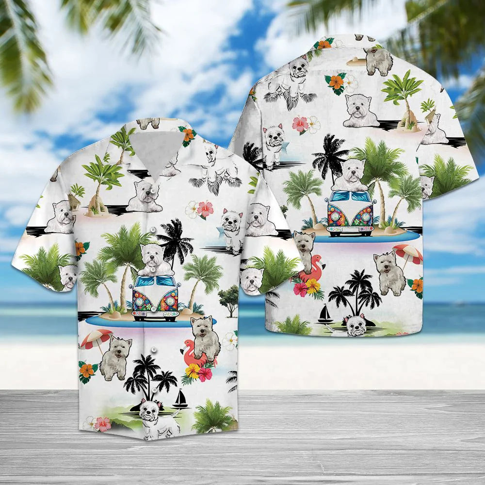 West Highland White Terrier Hawaiian Shirt, Westie Hippie Palm Vacation Aloha Shirt For Men Women - Perfect Gift For Dog Lovers, Husband, Boyfriend - Amzanimalsgift