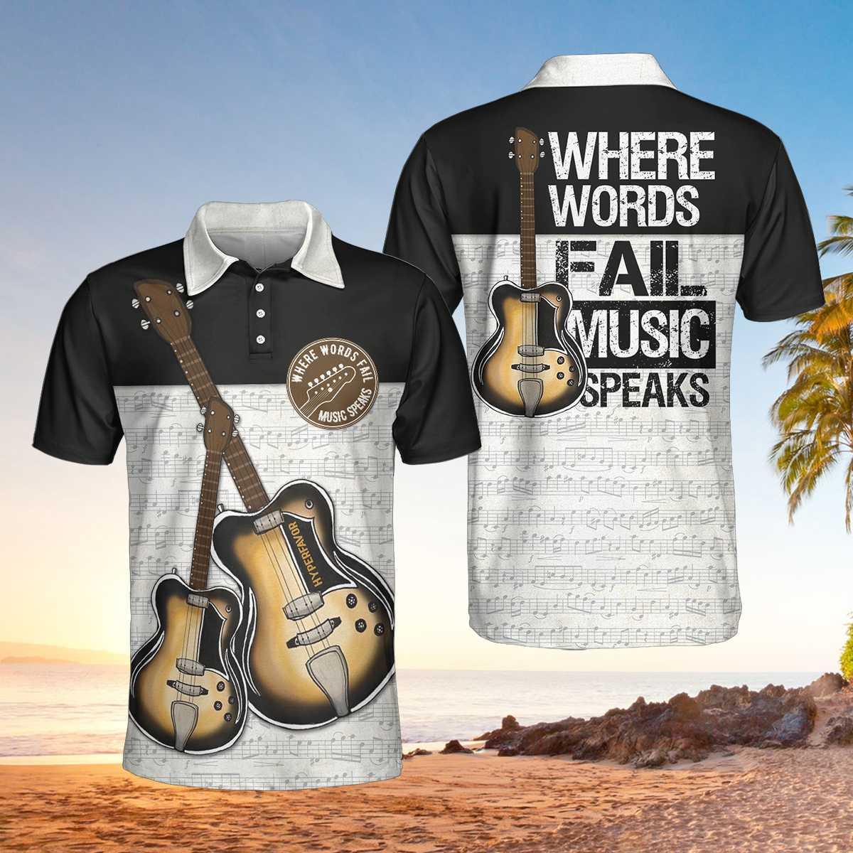 Where Words Fail Music Speaks Guitar Polo Shirt, Black And White Music Polo Shirt, Best Guitar Shirt - Perfect Gift For Men - Amzanimalsgift