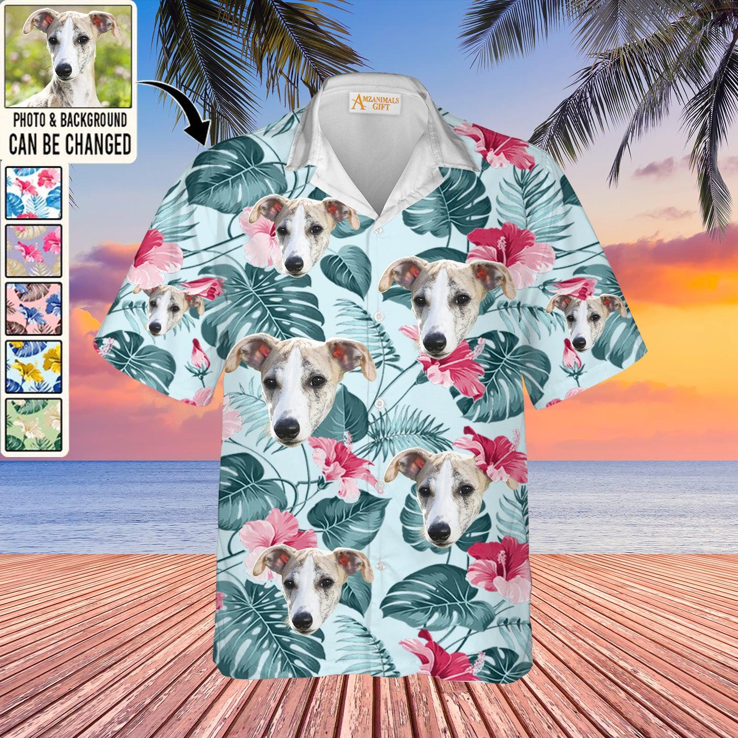 Whippet Face Custom Aloha Hawaii Shirt - Dog Custom Photo With Tropical Pattern Personalized Hawaiian Shirt - Perfect Gift For Dog Lovers, Friend, Family - Amzanimalsgift