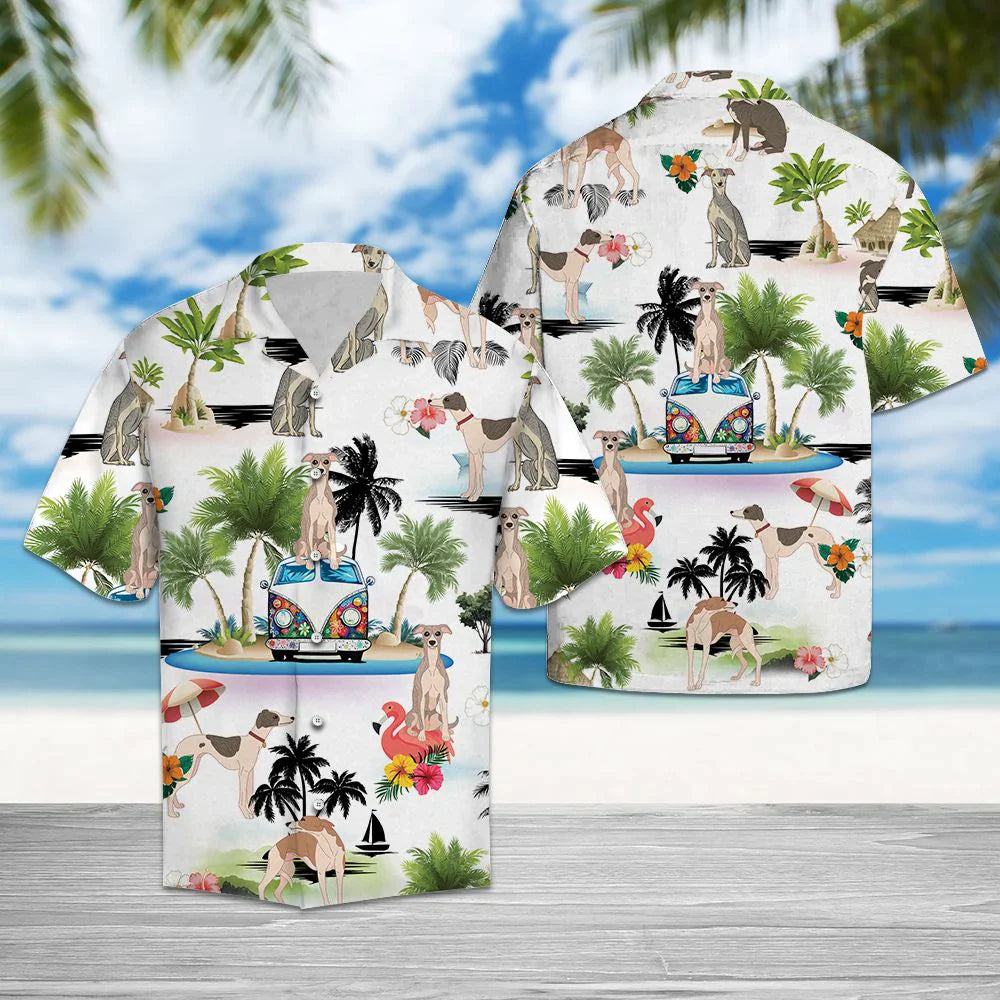 Whippet Hawaiian Shirt, Dog Hippie Palm Vacation Aloha Shirt For Men Women - Perfect Gift For Dog Lovers, Husband, Boyfriend, Friend, Wife - Amzanimalsgift