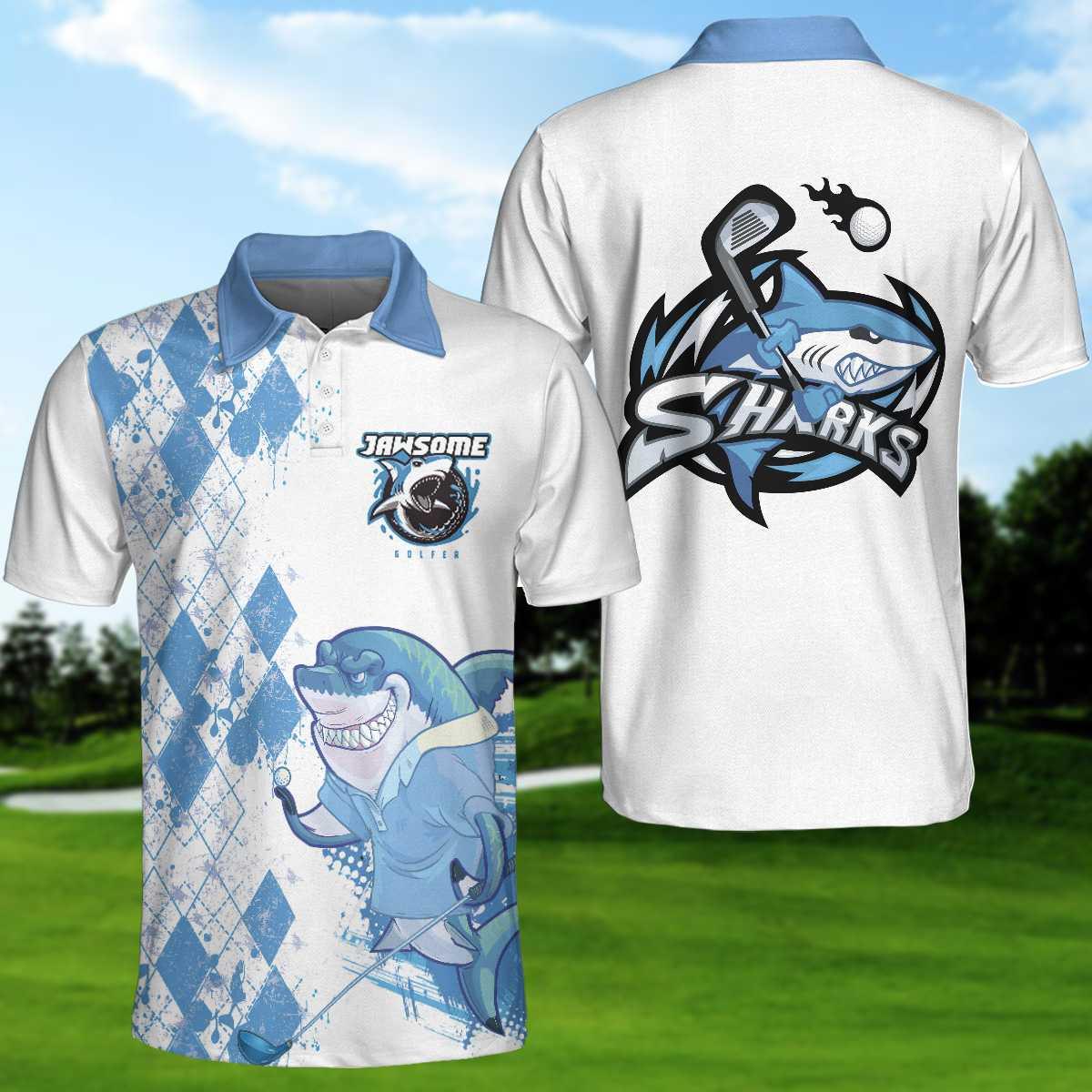 White And Blue Argyle Pattern American Flag Shark Golfer Men Polo Shirt, Jawsome Golfer Shark Golf Polo Shirt, Best Golf Shirt For Men, Golfers - Amzanimalsgift