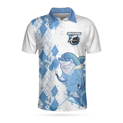 White And Blue Argyle Pattern American Flag Shark Golfer Men Polo Shirt, Jawsome Golfer Shark Golf Polo Shirt, Best Golf Shirt For Men, Golfers - Amzanimalsgift