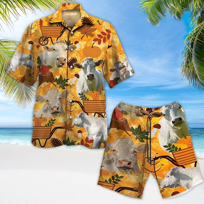 White Cow Aloha Hawaiian Shirts For Summer, Autumn Symbol Pattern Hawaiian Set For Men Women, Thanksgiving Gift For Friend, Farmer, Harvest Day - Amzanimalsgift
